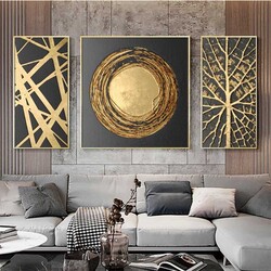 3 Panels Abstract Golden Art Modern 3'lü Kətan Tablo Seti 160x80 cm - 1
