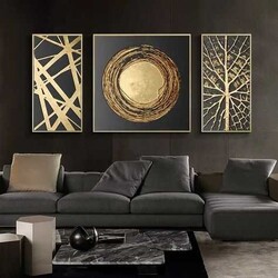 3 Panels Abstract Golden Art Modern 3'lü Kətan Tablo Seti 160x80 cm - 2