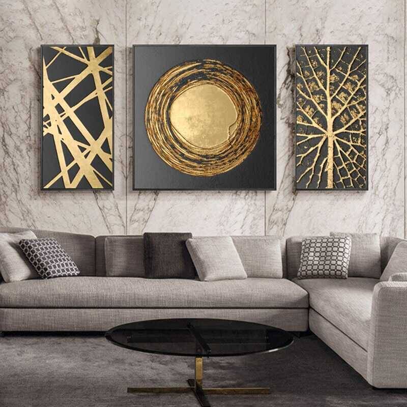 3 Panels Abstract Golden Art Modern 3'lü Kətan Tablo Seti 160x80 cm - 3