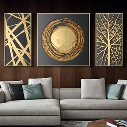 3 Panels Abstract Golden Art Modern 3'lü Kətan Tablo Seti 160x80 cm - 4