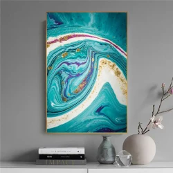 Abstract Flowing Golden Blue 2 Kətan Tablo TB1464 - 1