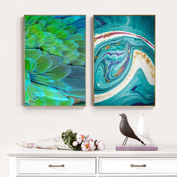 Abstract Flowing Golden Blue 2'li Kətan Tablo Seti - Tabloshop