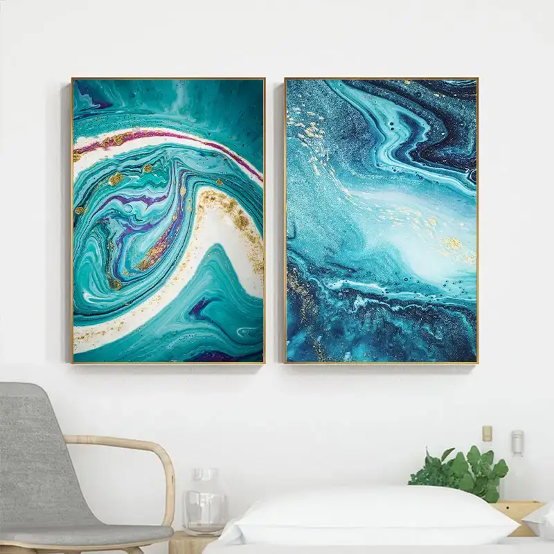 Abstract Flowing Golden Blue 2'li Set Kətan Tablo TB1463 - 1