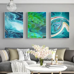 Abstract Flowing Golden Blue 3'lü Set Kətan Tablo TB1463 - 3