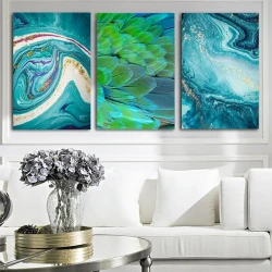 Abstract Flowing Golden Blue 3'lü Set Kətan Tablo TB1463 - 1
