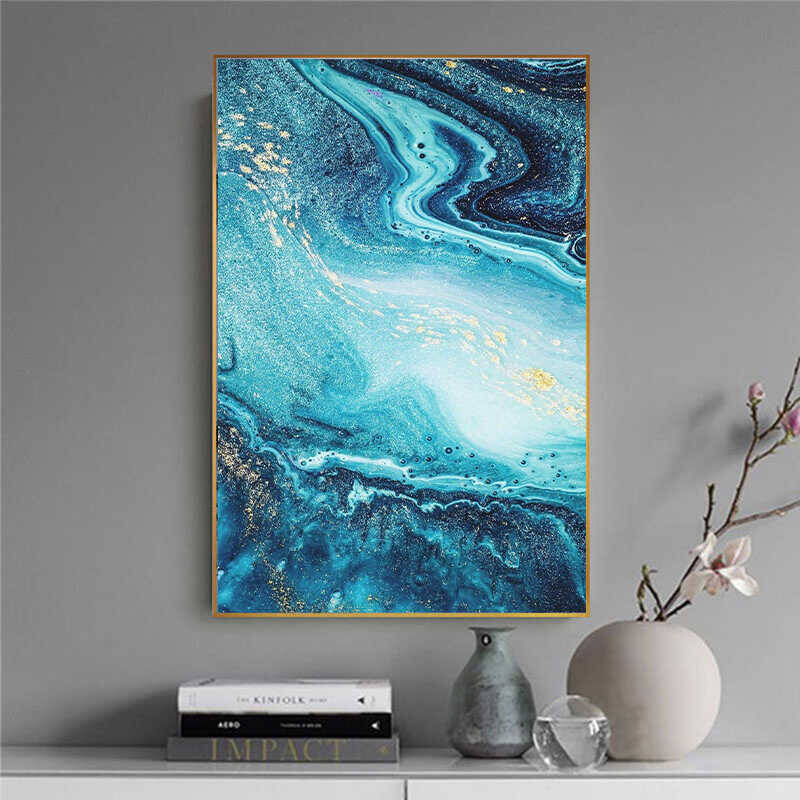 Abstract Flowing Golden Blue Kətan Tablo - 1