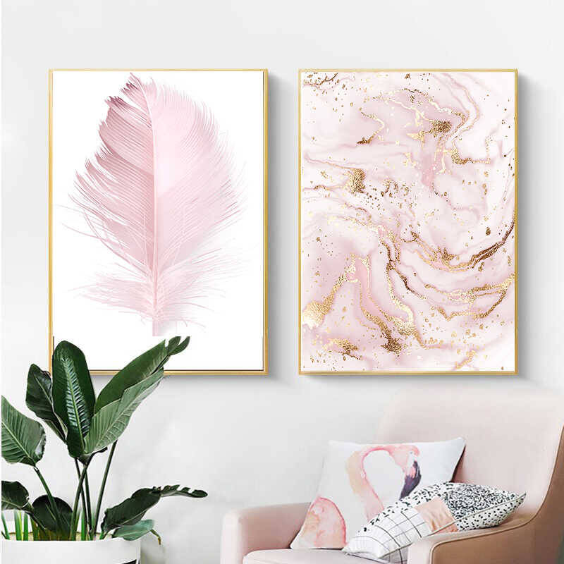 Abstract Gold and Pink Color 2'li Kətan Tablo Seti - 4