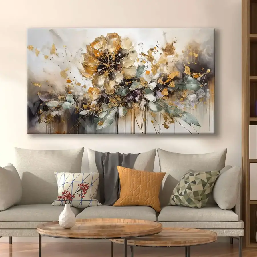 Abstract Gold Floral Kətan Tablo TB2055 - 1