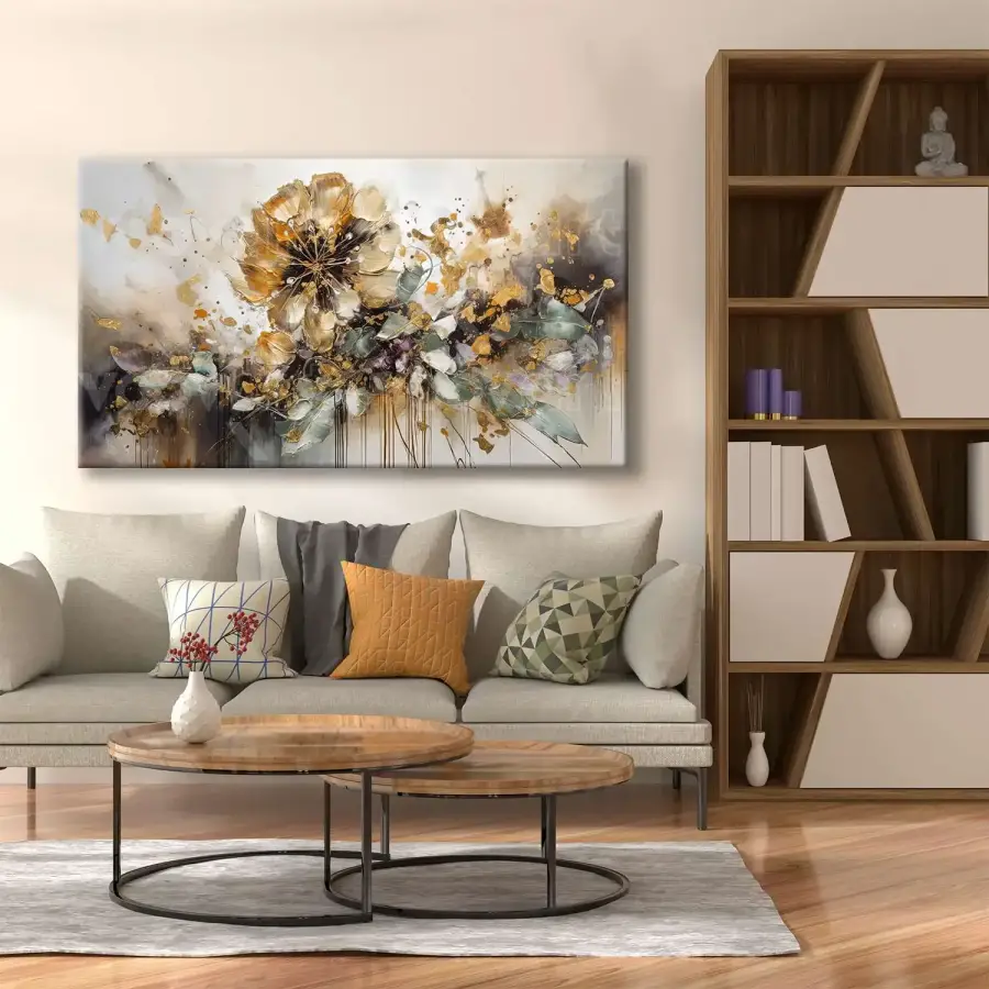 Abstract Gold Floral Kətan Tablo TB2055 - 2