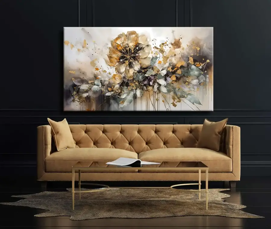 Abstract Gold Floral Kətan Tablo TB2055 - 3