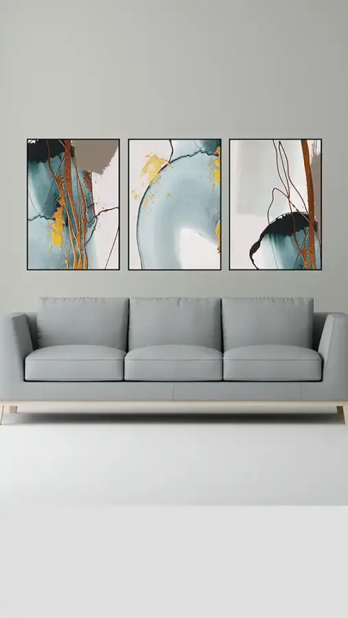 Abstract Gray Art with Gold 3'lü Set Kətan Tablo TB2056 - 3