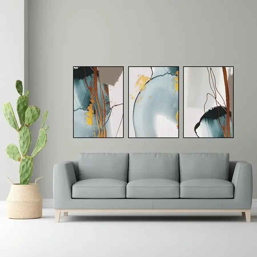 Abstract Gray Art with Gold 3'lü Set Kətan Tablo TB2056 - 1