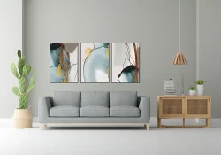Abstract Gray Art with Gold 3'lü Set Kətan Tablo TB2056 - 2