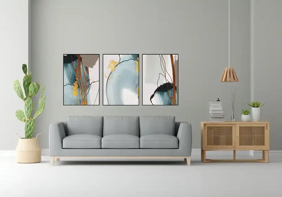 Abstract Gray Art with Gold 3'lü Set Kətan Tablo TB2056 - 2