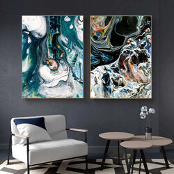 Abstract Oil Blue 2'li Kətan Tablo Seti - 1