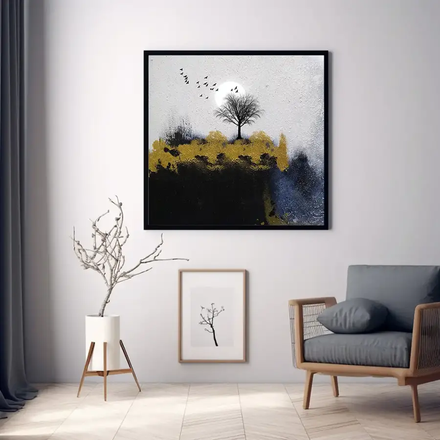 Alone Tree and Birds Kvadrat Kətan Tablo TB1948 - 1
