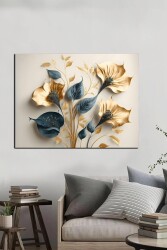 Altın ve Mavi Rengi Çiçek Yaprağı Kanvas Tablo - Markaev