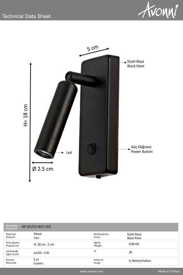 Siyah Boyalı Bra Aplik LED Metal 5x2.5cm - 3