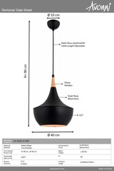 Siyah Boyalı Modern Çilçıraq E27 Metal Ahşap 40cm - 3
