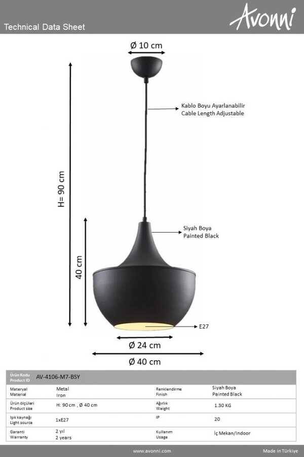 Siyah Boyalı Modern Çilçıraq E27 Metal 40cm - 3