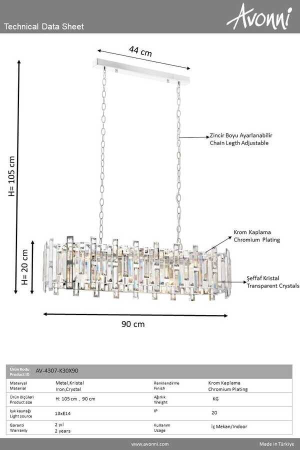 Krom Kaplama Klasik Çilçıraq E14 Metal Kristal 90x30cm - 2