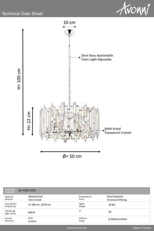 Krom Kaplama Klasik Çilçıraq E14 Metal Kristal 50cm - 2