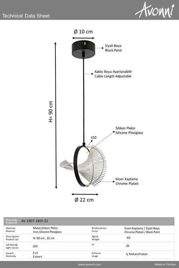 Siyah Boyalı Modern Çilçıraq LED Metal Pleksi 22cm - 3