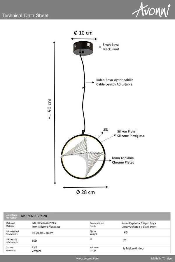 Siyah Boyalı Modern Çilçıraq LED Metal Pleksi 28cm - 2