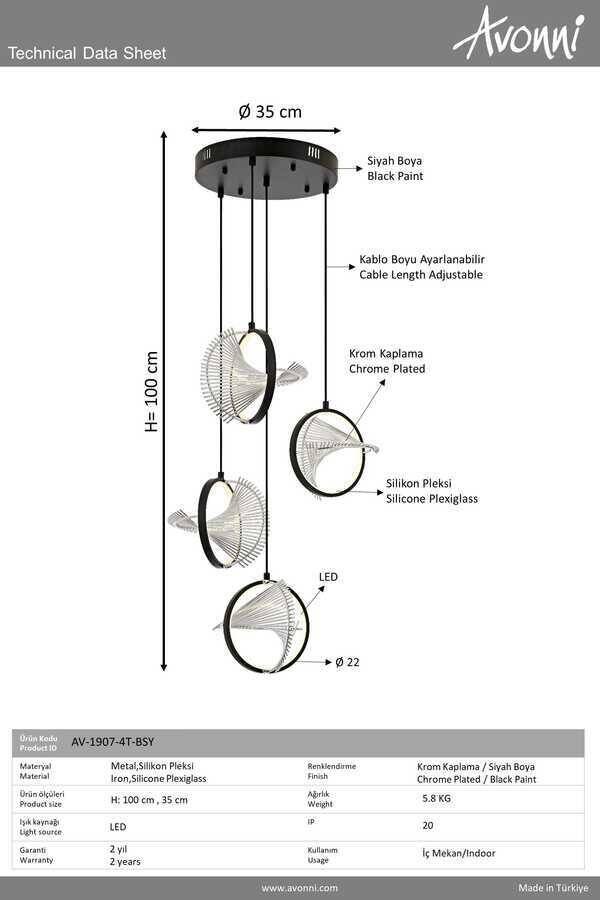 Siyah Boyalı Modern Çilçıraq LED Metal Pleksi 22cm - 3