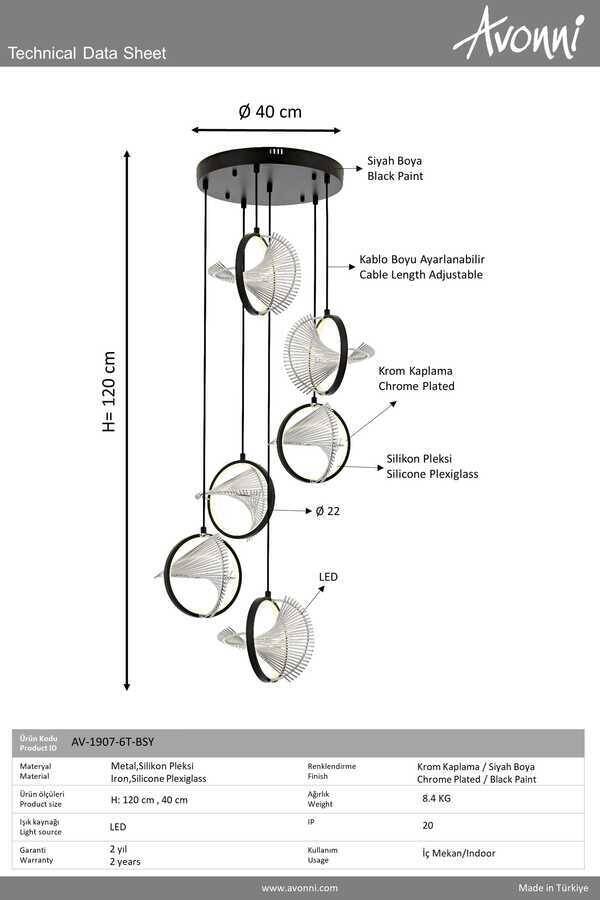 Siyah Boyalı Modern Çilçıraq LED Metal Pleksi 40cm - 3