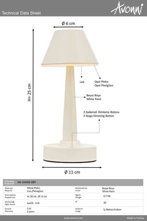 Beyaz Boyalı Masa Lampası LED Metal Pleksi 11cm - 2
