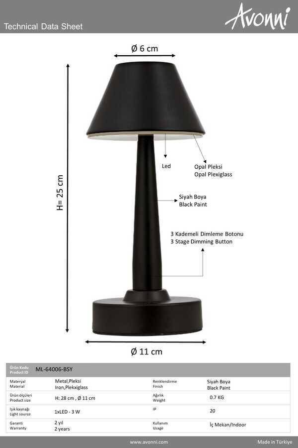 Siyah Boyalı Masa Lampası LED Metal Pleksi 11cm - 2