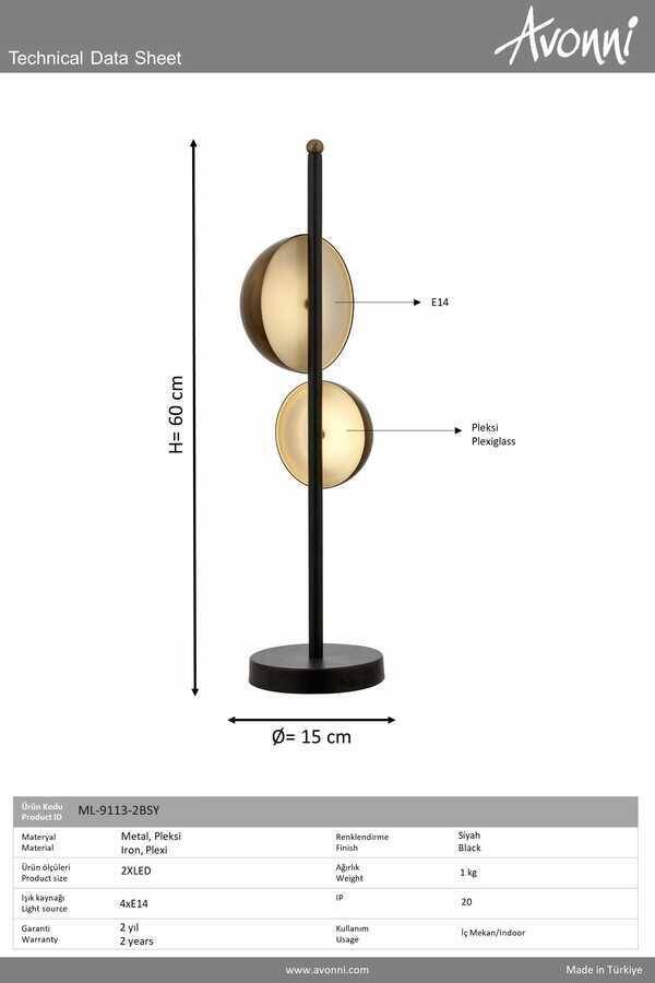 Siyah Boyalı Masa Lampası E14 Metal Pleksi 15cm - 3