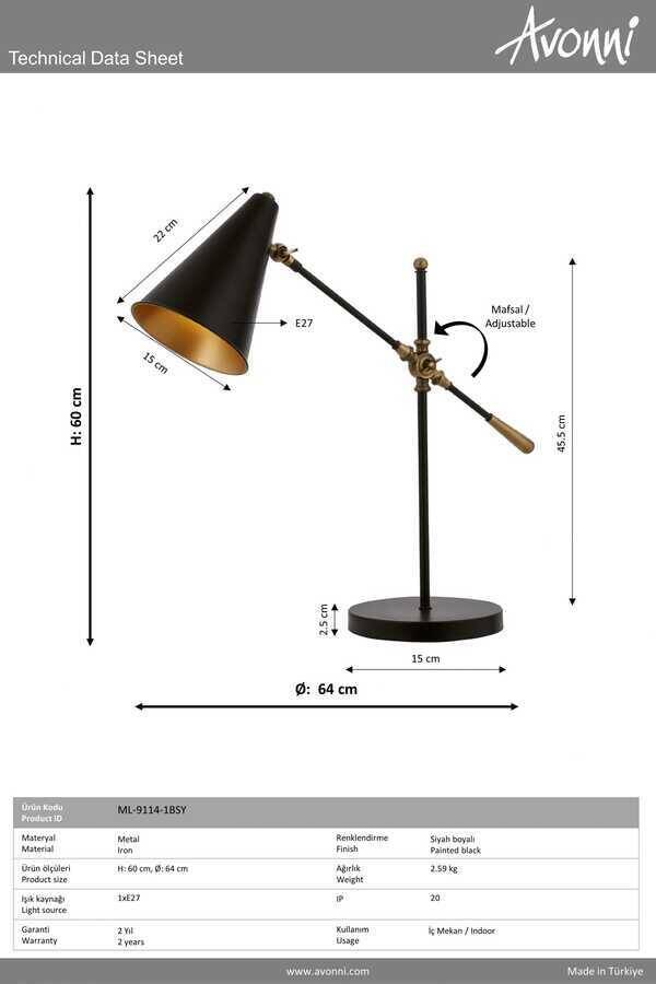 Siyah Boyalı Masa Lampası E14 Metal 64x20cm - 4