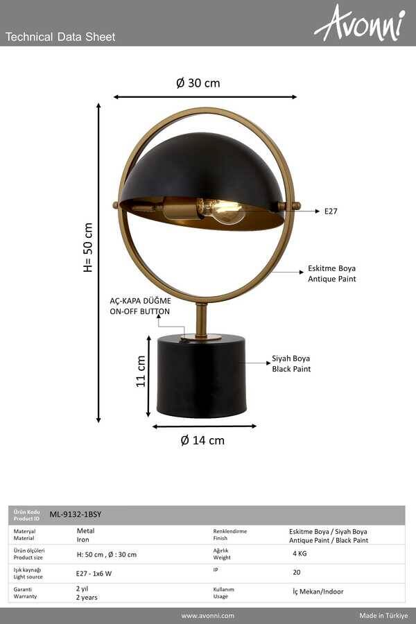 Siyah/Eskitme Boyalı Masa Lampası E27 Metal 30cm - 3