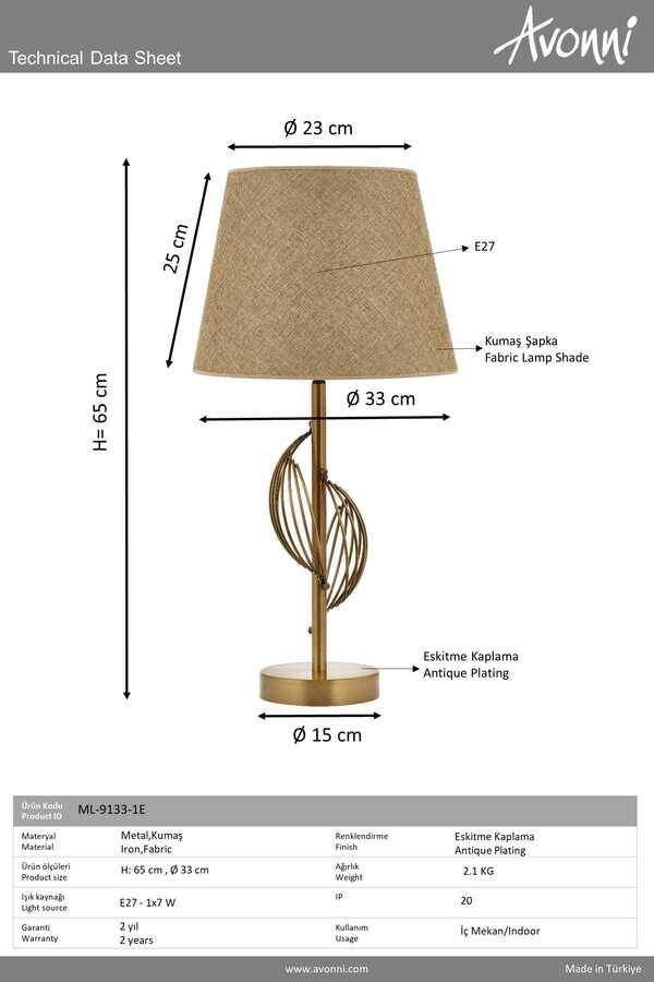Eskitme Kaplama Masa Lampası E27 Metal Kumaş 33x0cm - 3