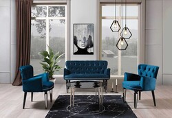 Belinda 3lü Çay Seti Divan Kreslo Dəsti Petrol Mavi - Vistaso Concept