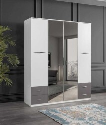 Bella 4 Qapılı Güzgülü Geyim Dolabı - Ağ/Antrasit - Decoroom Collection