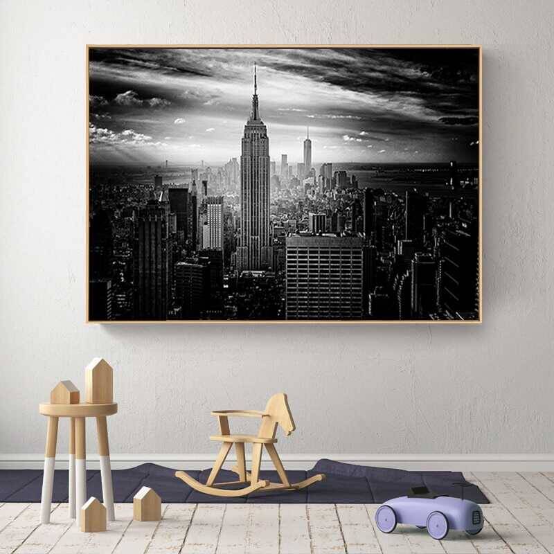Black and White Building New York City Manhattan Kətan Tablo - 4