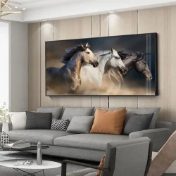 Black and White Running Horse Kətan Tablo TB1604 - 2