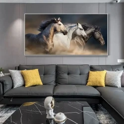 Black and White Running Horse Kətan Tablo TB1604 - 1