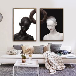 Black and White Twin Girl 2'li Set Kətan Tablo TB1455 - 2