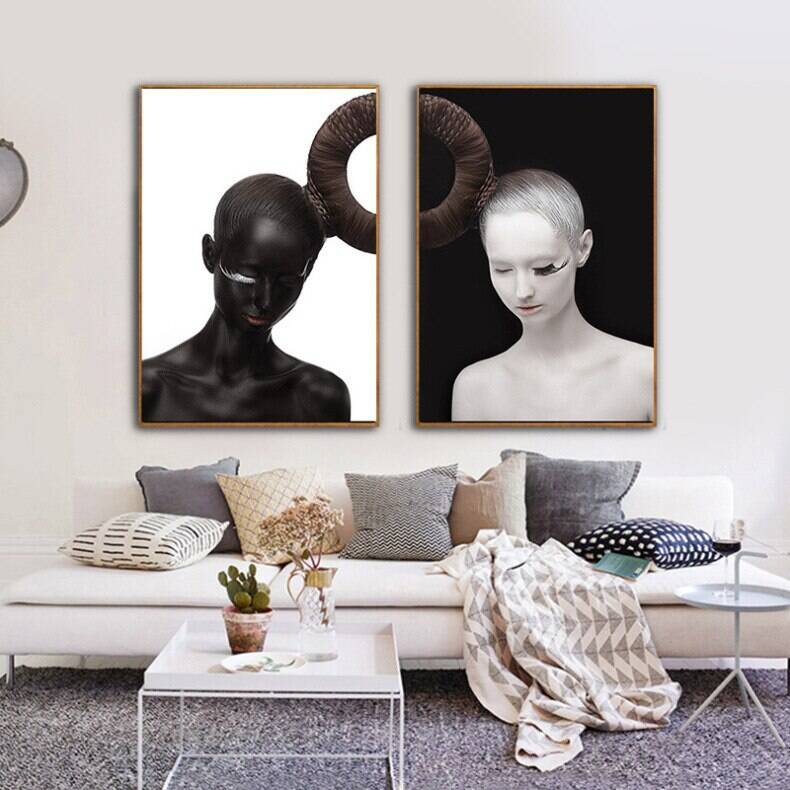 Black and White Twin Girl 2'li Set Kətan Tablo TB1455 - 2