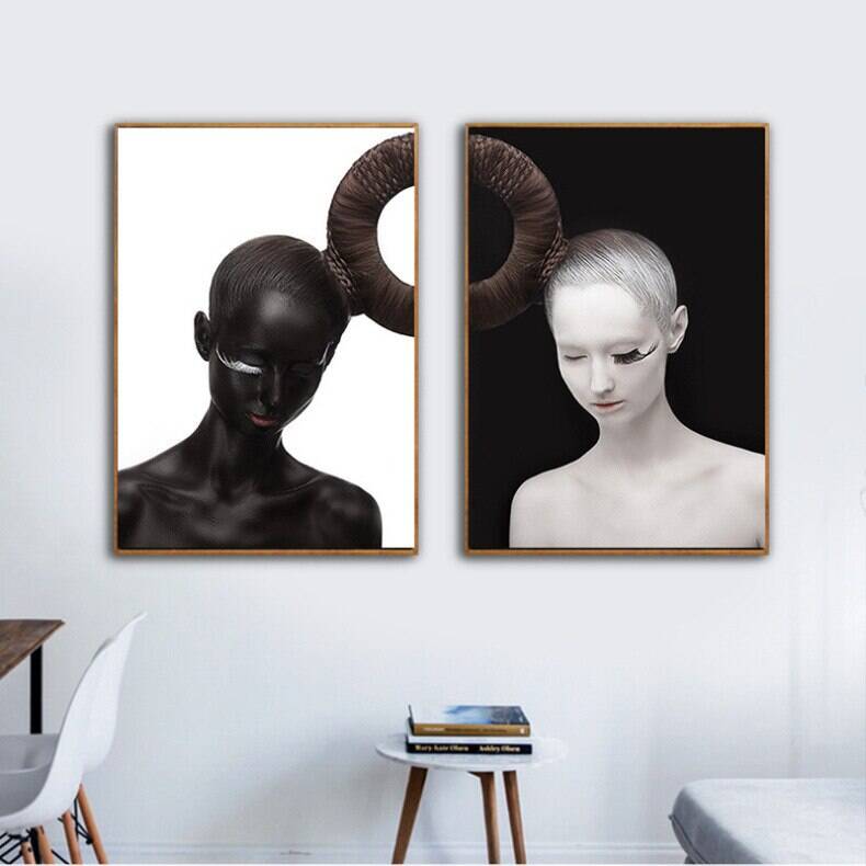 Black and White Twin Girl 2'li Set Kətan Tablo TB1455 - 3