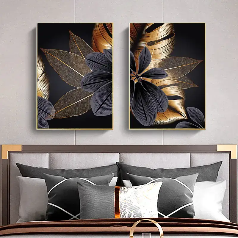 Black Golden Plant Leaf 2'li Set Kətan Tablo TB1472 - 1