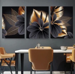 Black Golden Plant Leaf 3'lü Set Kətan Tablo TB1472 - 2