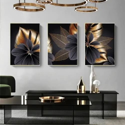 Black Golden Plant Leaf 3'lü Set Kətan Tablo TB1472 - 3