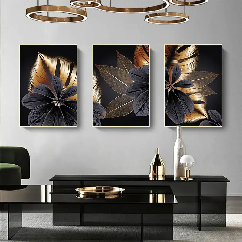 Black Golden Plant Leaf 3'lü Set Kətan Tablo TB1472 - 3