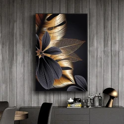 Black Golden Plant Leaf Kətan Tablo TB1472 - 1