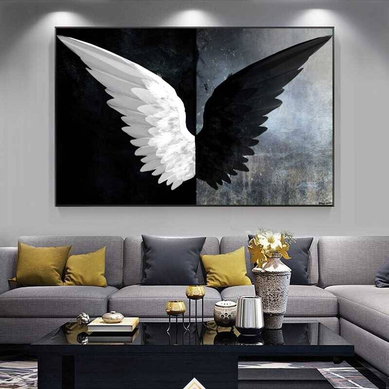 Black White Angel Wings Kətan Tablo - 1